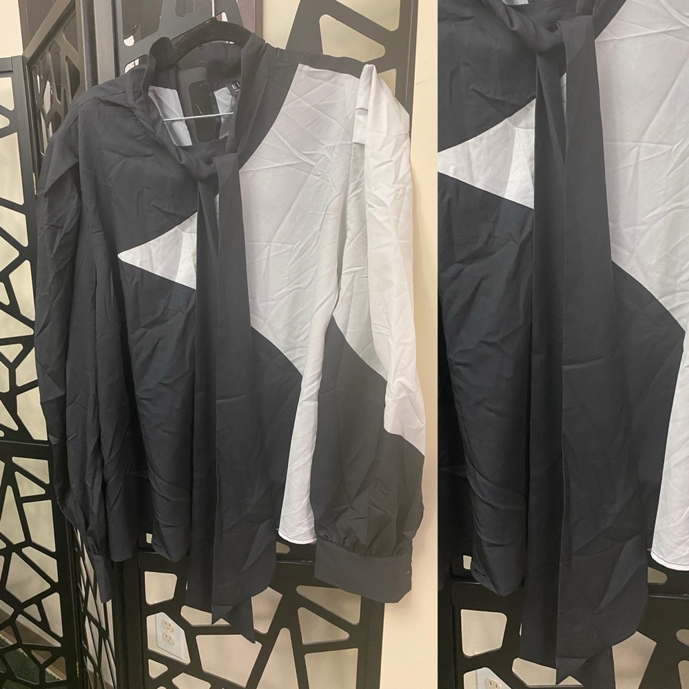 Eloquii Black and White Blouse with Tie Neck